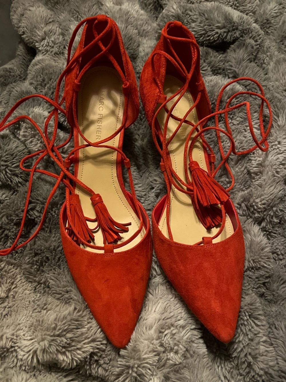 Marc Fisher Red Suede Pointed-Toe Lace-Up Heels with Tassels